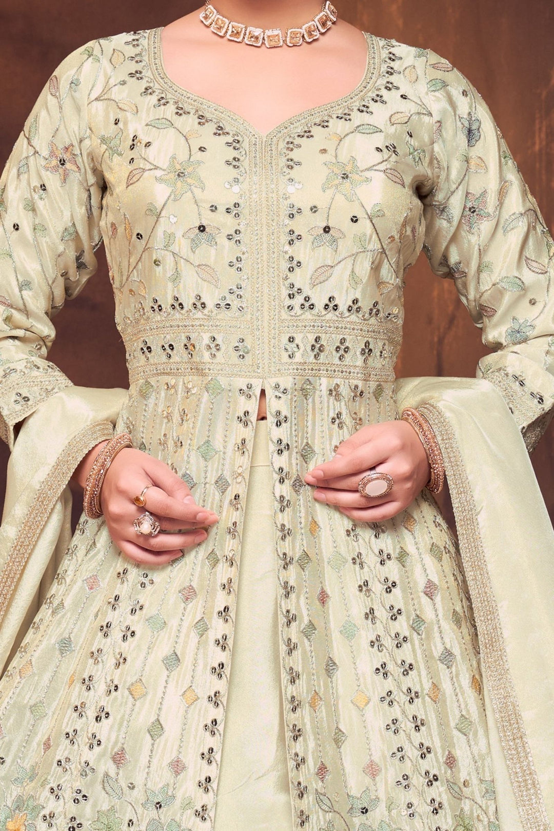 Pista Green Sequins, Zari and Multicolor Thread work Palazzo Salwar Suit