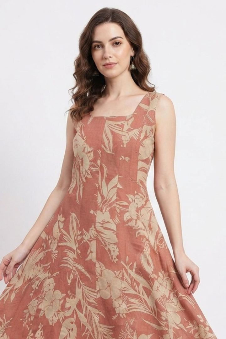 Terracotta Pink with Floral Print Anarkali Styled Kurti