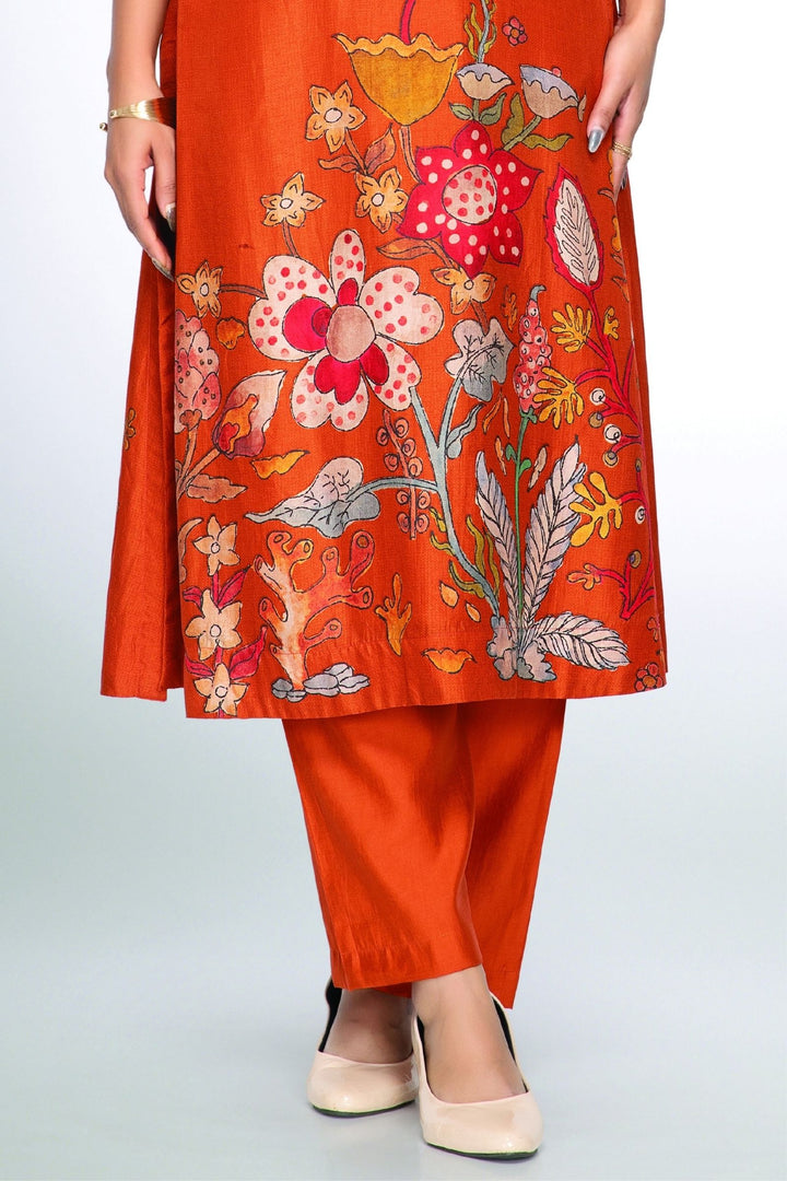 Rust Orange Floral Print Straight Kurta Set