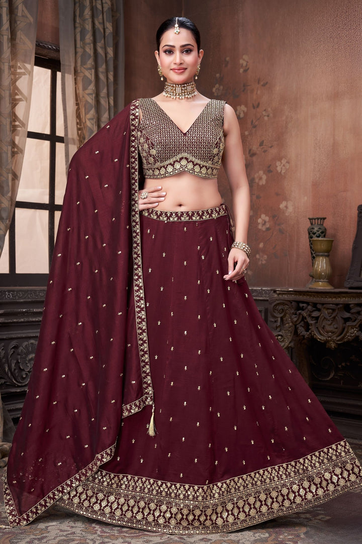 Wine Sequins and Zari work Crop Top Lehenga