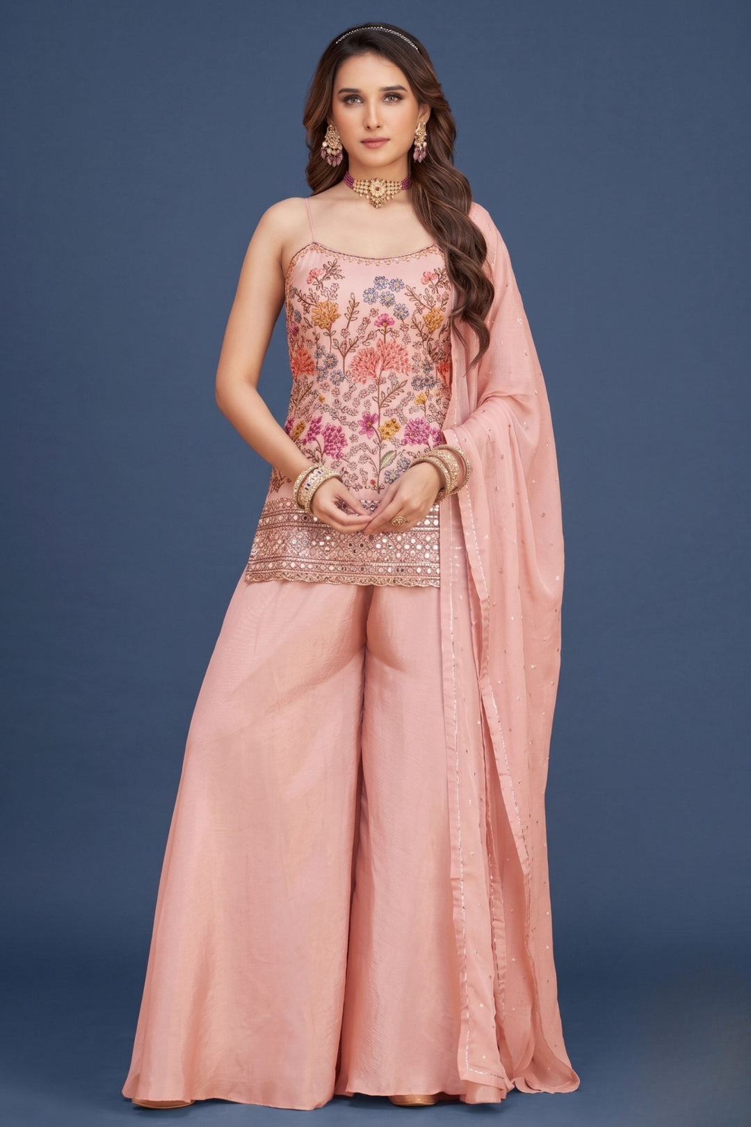Peach Multicolor Embroidery, Sequins, Zari and Beads work Palazzo Salwar Suit