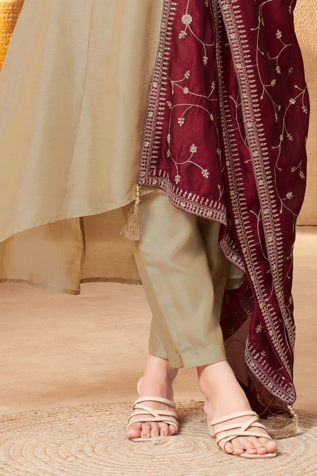 Beige Zardozi, Mirror and Beads work A-line Cut Salwar Suit
