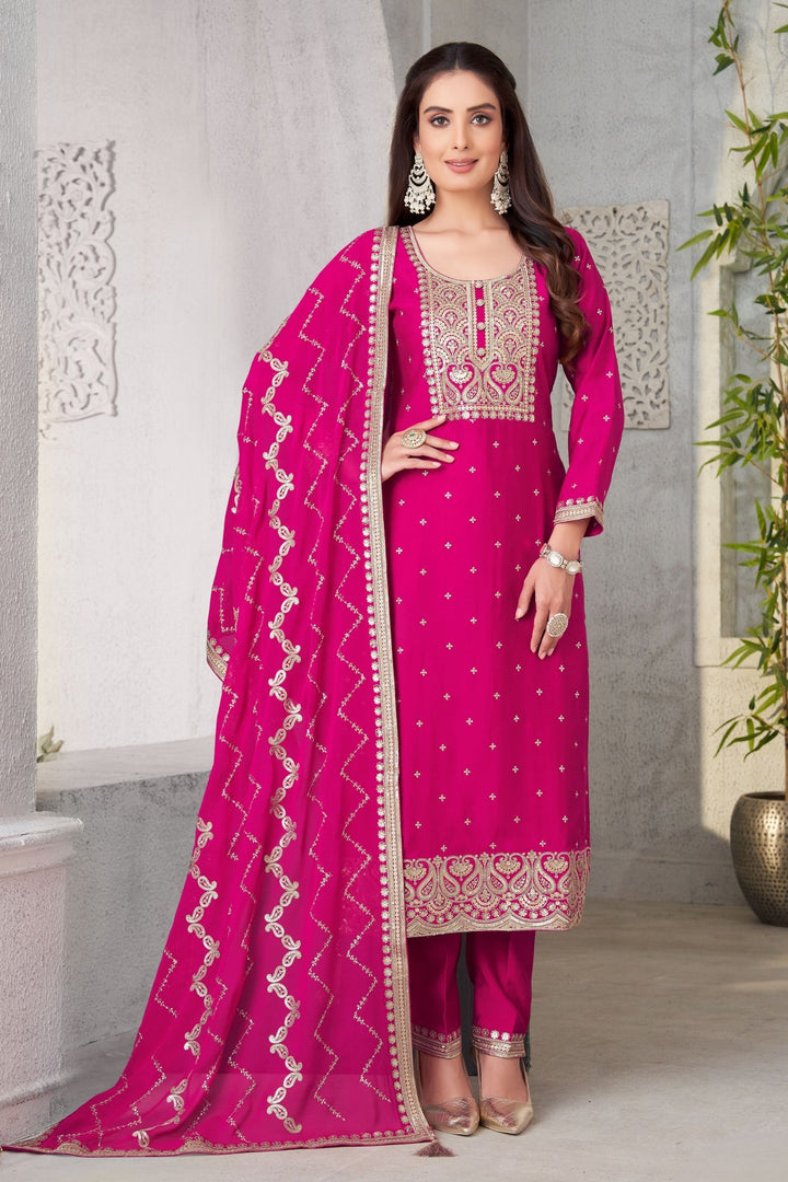 Magenta Zari and Sequins work Straight Cut Salwar Suit