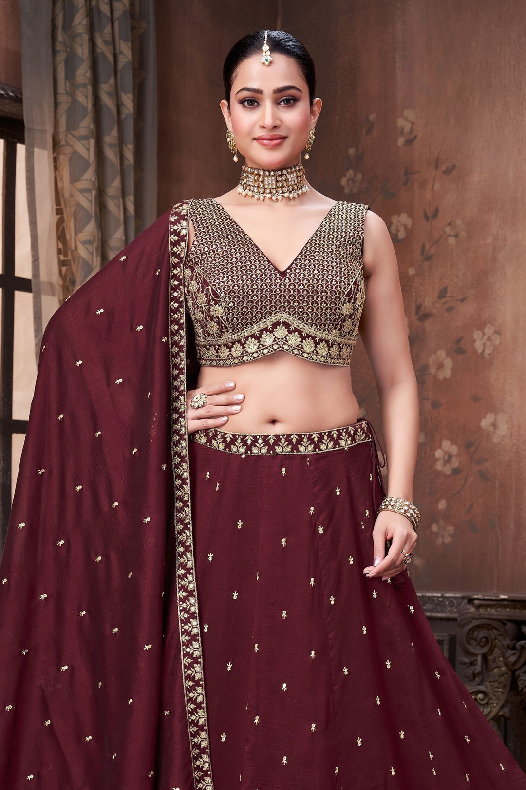 Wine Sequins and Zari work Crop Top Lehenga