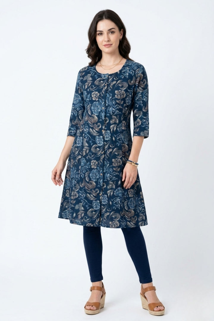 Navy Blue Digital Print A-Line Cut Calf Length Kurti