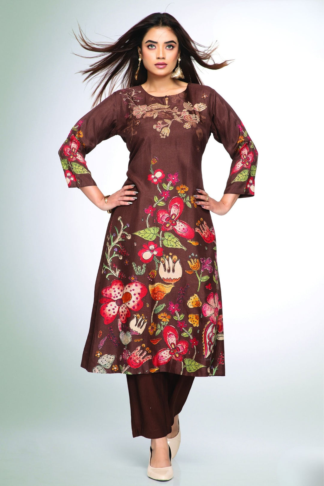 Coffee Brown Floral Print Straight Kurta Set