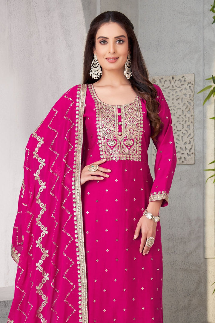 Magenta Zari and Sequins work Straight Cut Salwar Suit