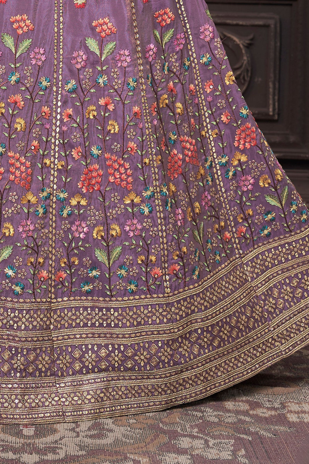 Lavender Multicolor Embroidery, Zari and Sequins work Crop Top Lehenga