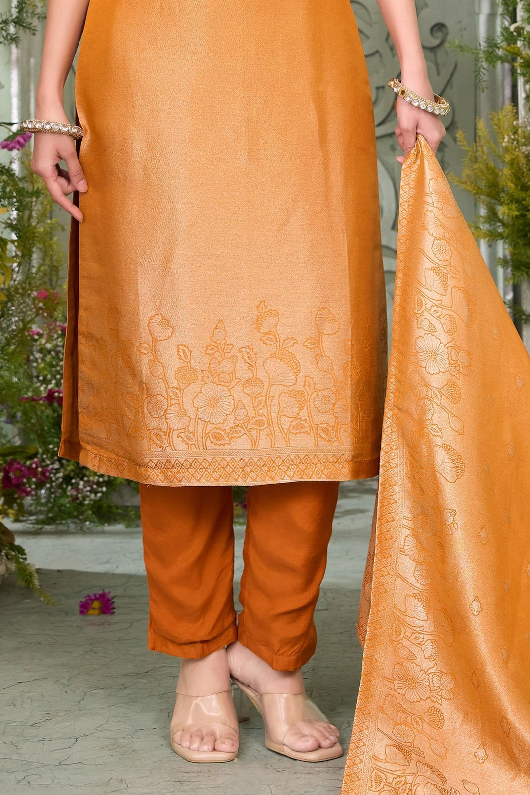 Orange Stone, Zari, Thread and Beads work Straight Cut Salwar Suit