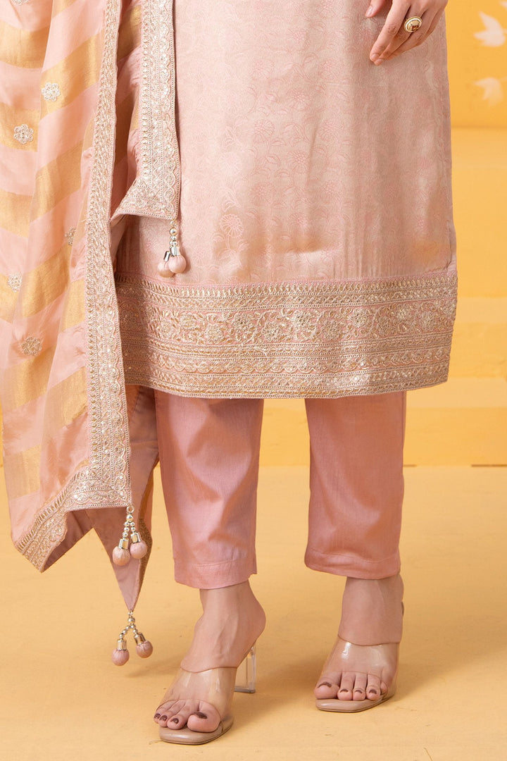Peach Banaras, Zari Thread and Stone work Straight Cut Salwar Suit