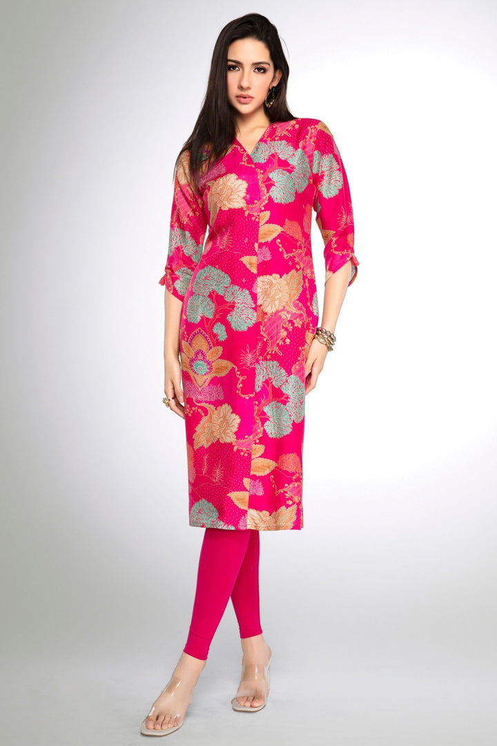 Rani Pink Floral Print with Stone work Calf Length Kurti