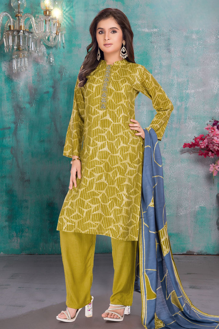 Green Mirror and Beads work with Printed Straight Cut Salwar Suit for Girls