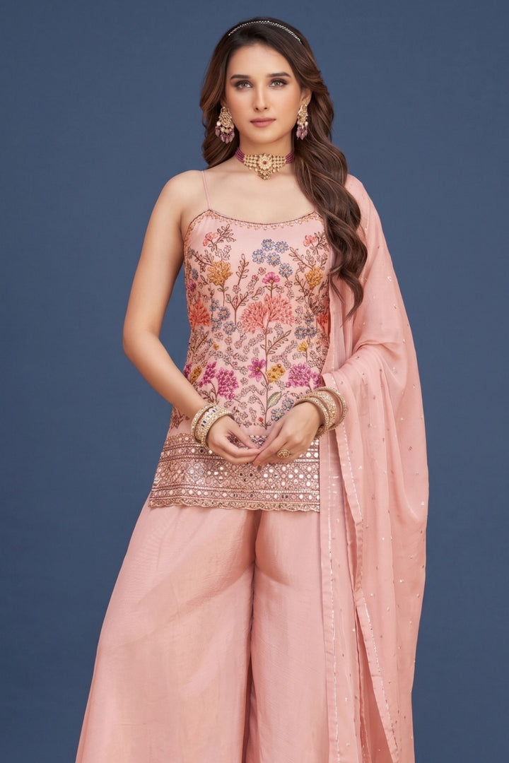 Peach Multicolor Embroidery, Sequins, Zari and Beads work Palazzo Salwar Suit