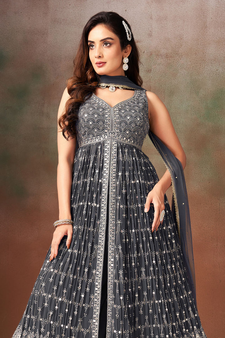 Grey Sequins, Zari and Thread work Salwar Suit with Palazzo Pants