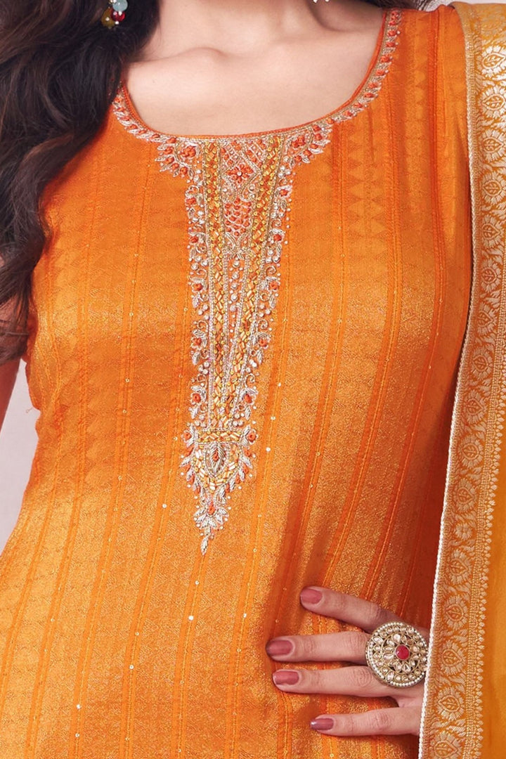 Orange Zardozi, Beads, Zari, Stone, Mirror and Thread work Straight Cut Salwar Suit