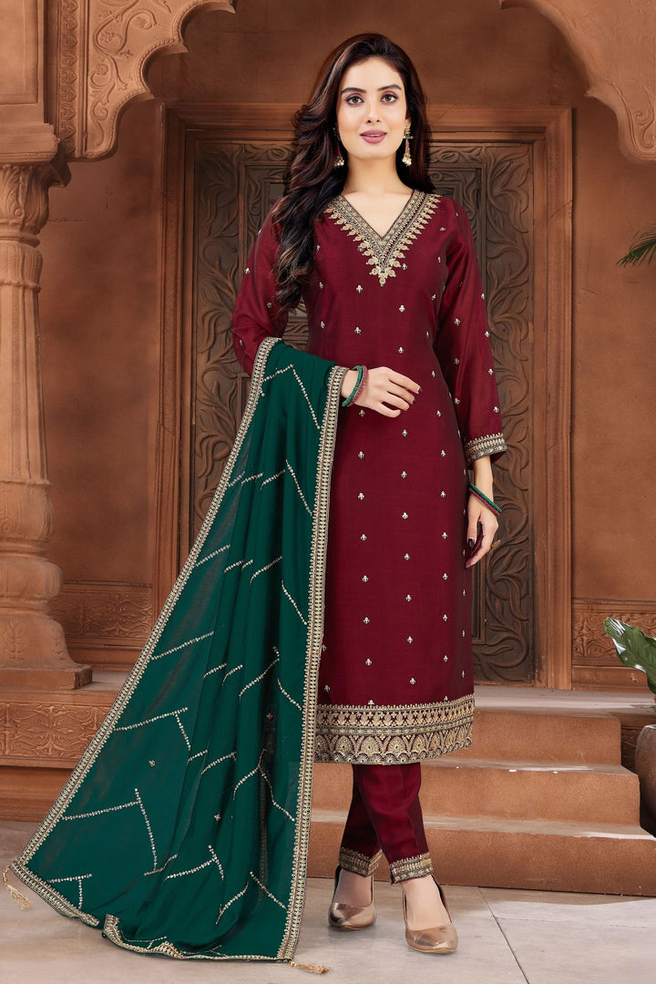 Maroon Sequins, Zari, Beads and Thread work Straight Cut Salwar Suit