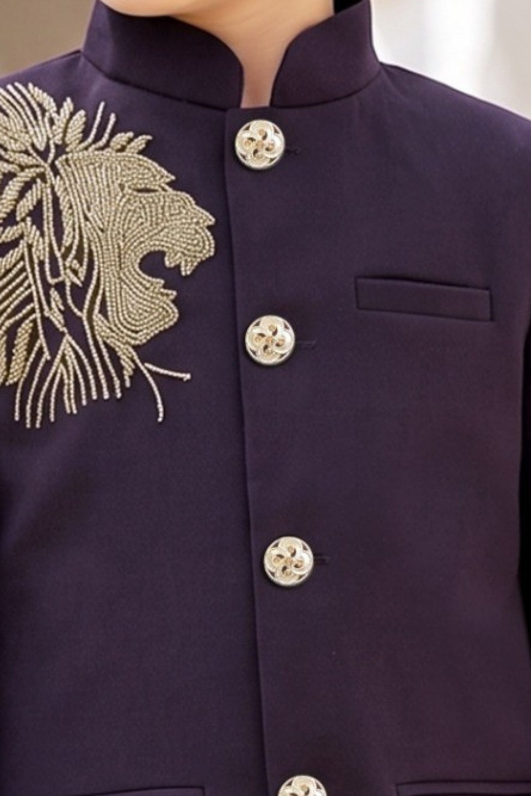 Wine Lion Beads Embroidered Shoulder Detail Jodhpuri Suit for Boys