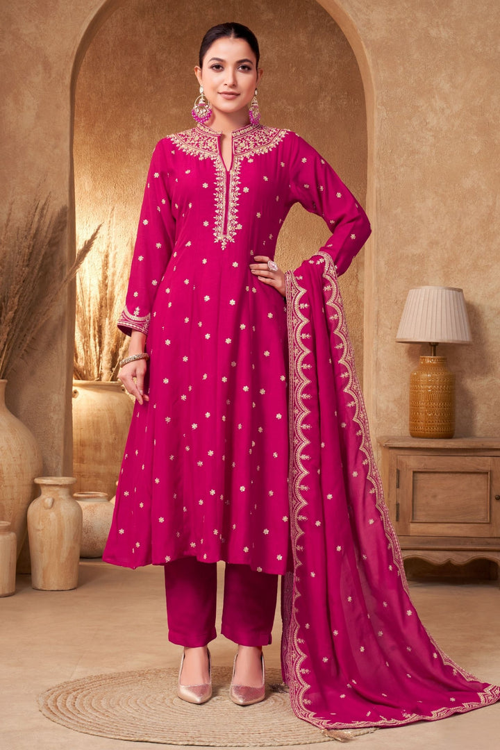 Rani Pink Zari, Zardozi, Sequins and Stone work A-line Cut Salwar Suit