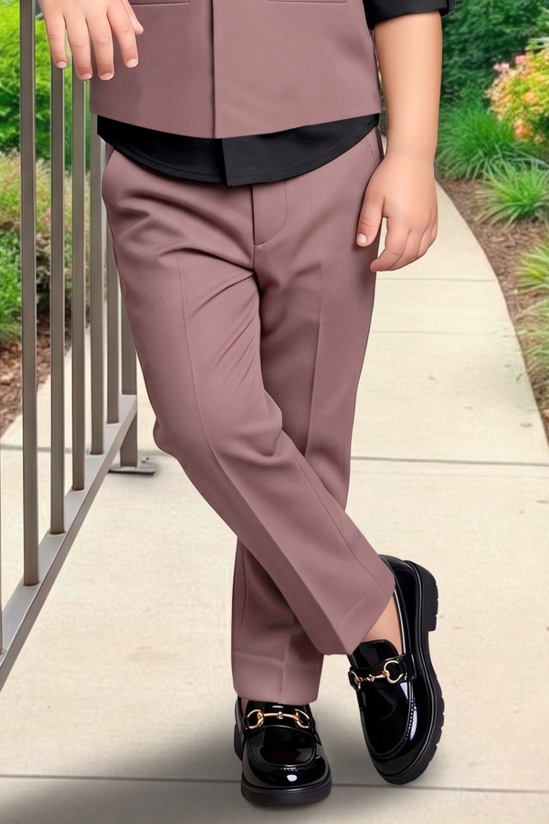 Light Brown Boys Waistcoat Set with Black Shirt and Light Brown Pants