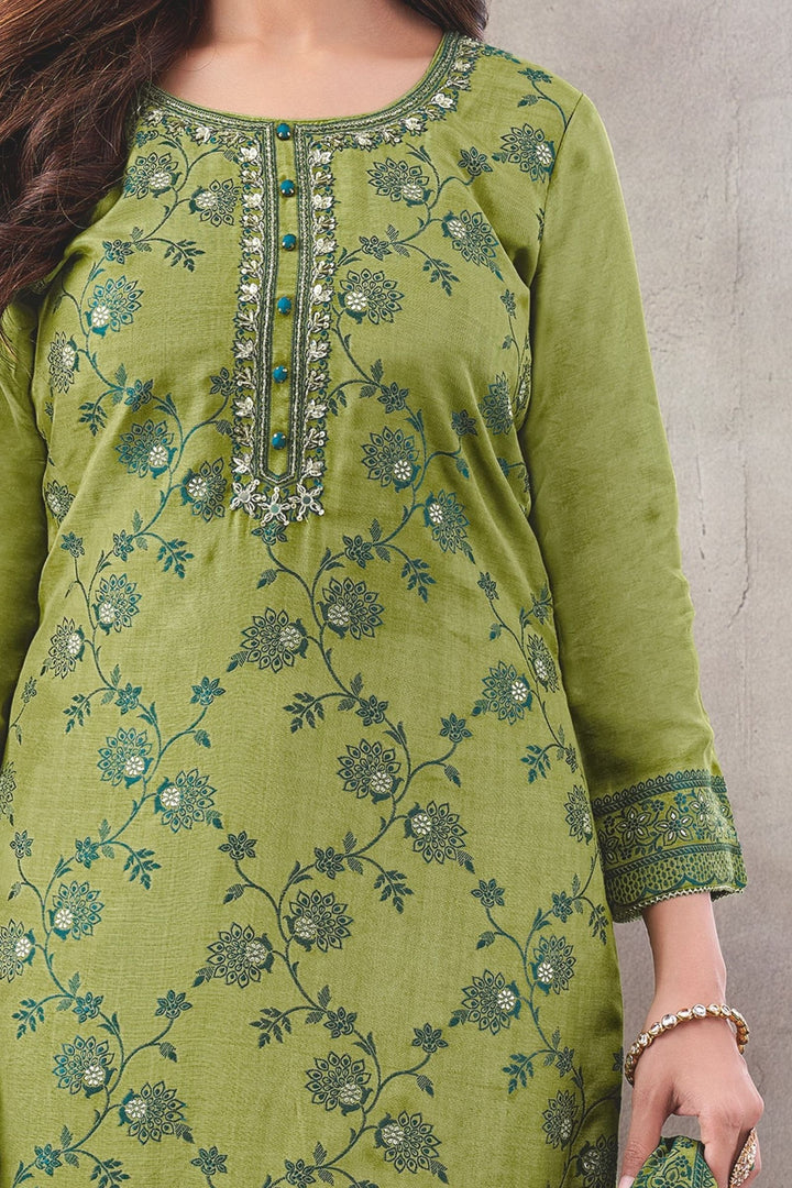 Green Beads, Sequins and Jacquard work Straight Cut Salwar Suit