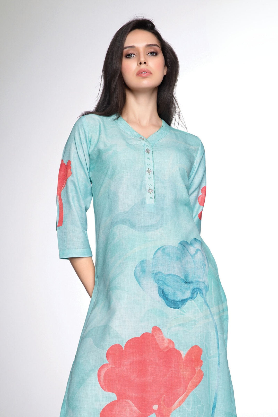 Sea Green Digital Print Calf Length Kurti