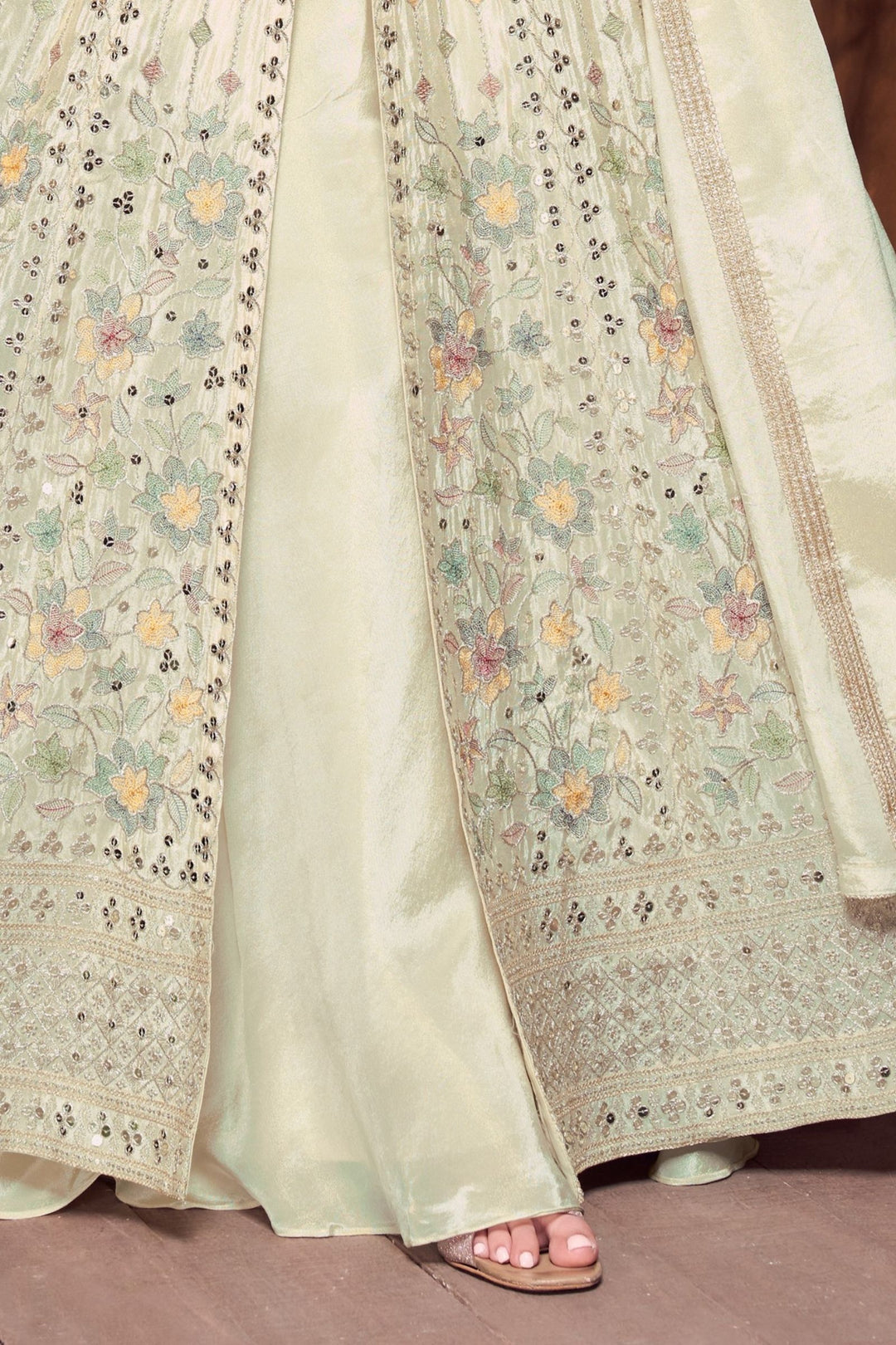 Pista Green Sequins, Zari and Multicolor Thread work Palazzo Salwar Suit