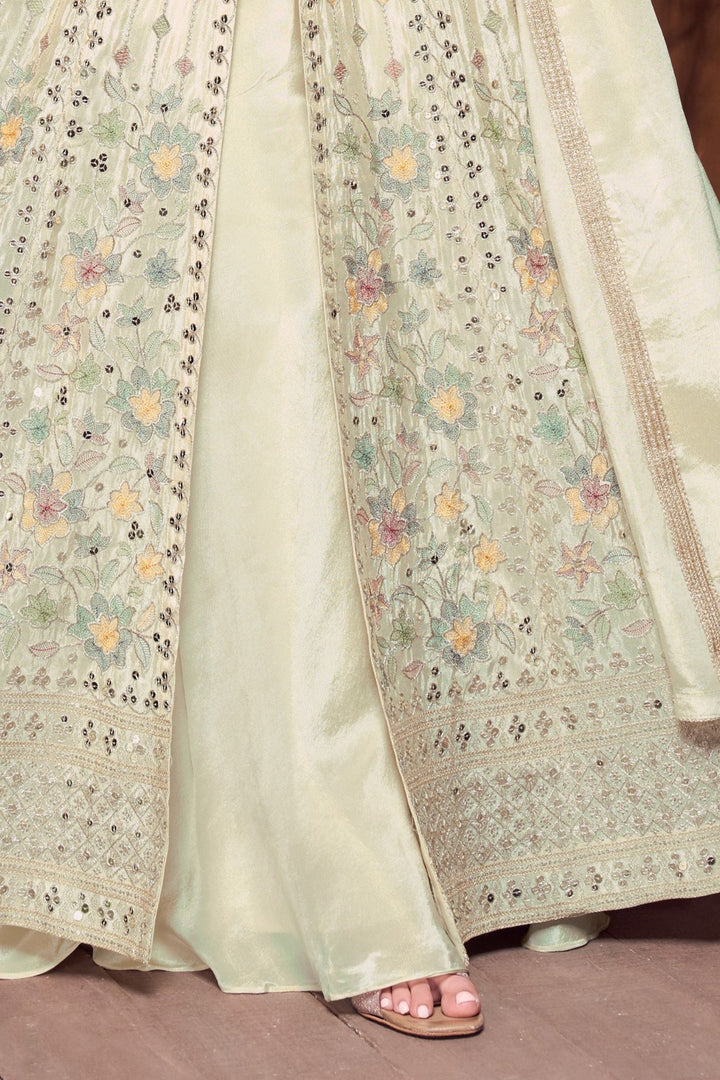 Pista Green Sequins, Zari and Multicolor Thread work Palazzo Salwar Suit