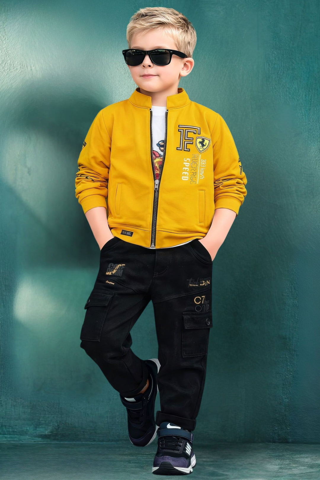 Yellow Boys Jacket Set with White Printed T-Shirt and Black Cargo Pants