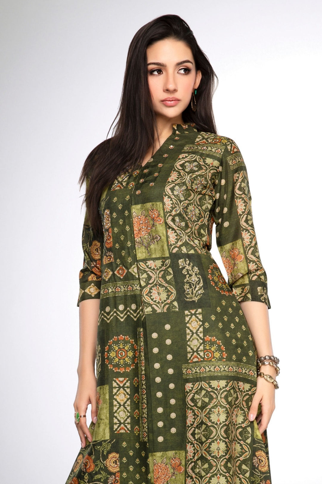Green Sequins, Beads and Zari work with Digital Print A-line Cut Calf Length Kurti
