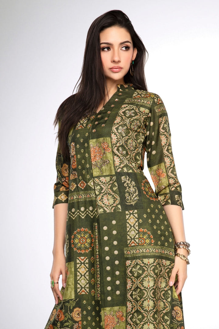 Green Sequins, Beads and Zari work with Digital Print A-line Cut Calf Length Kurti
