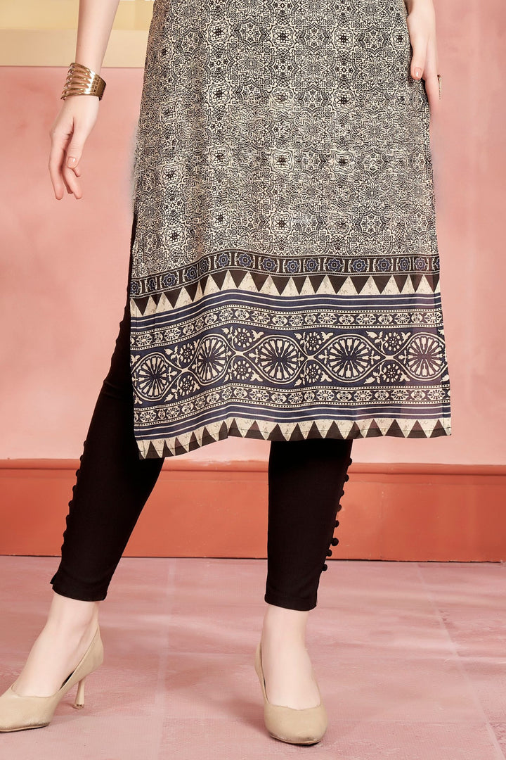 Cream Beads and Thread work with Ajrakh Print Calf Length Kurti