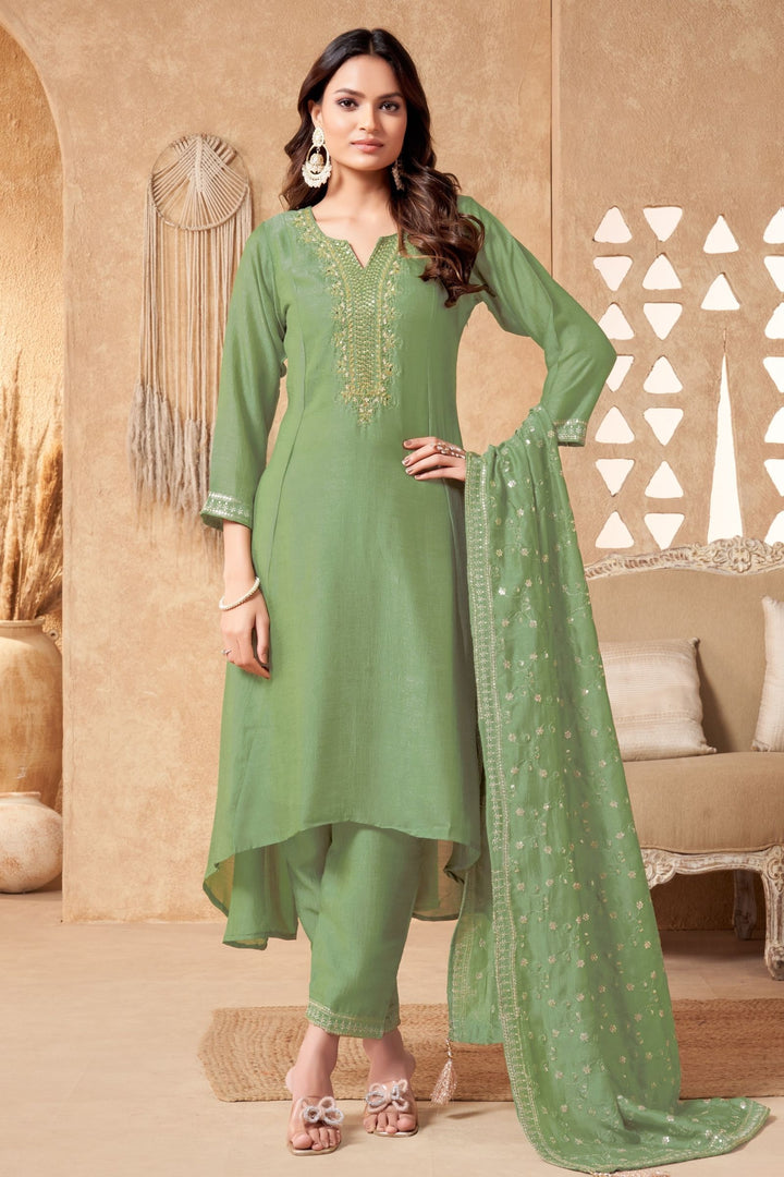 Pista Green Sequins, Beads, Mirror and Zari work A-line Cut Anarkali Styled Salwar Suit