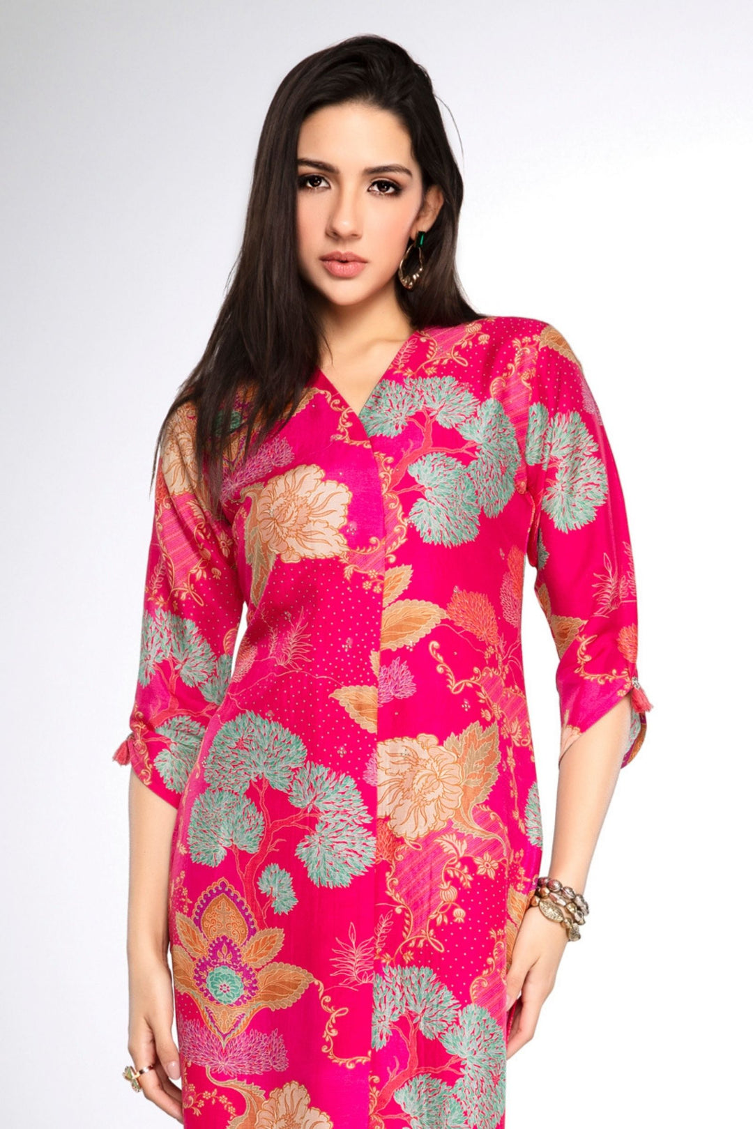 Rani Pink Floral Print with Stone work Calf Length Kurti