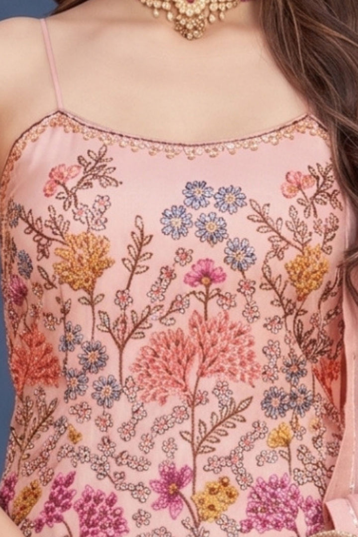 Peach Multicolor Embroidery, Sequins, Zari and Beads work Palazzo Salwar Suit