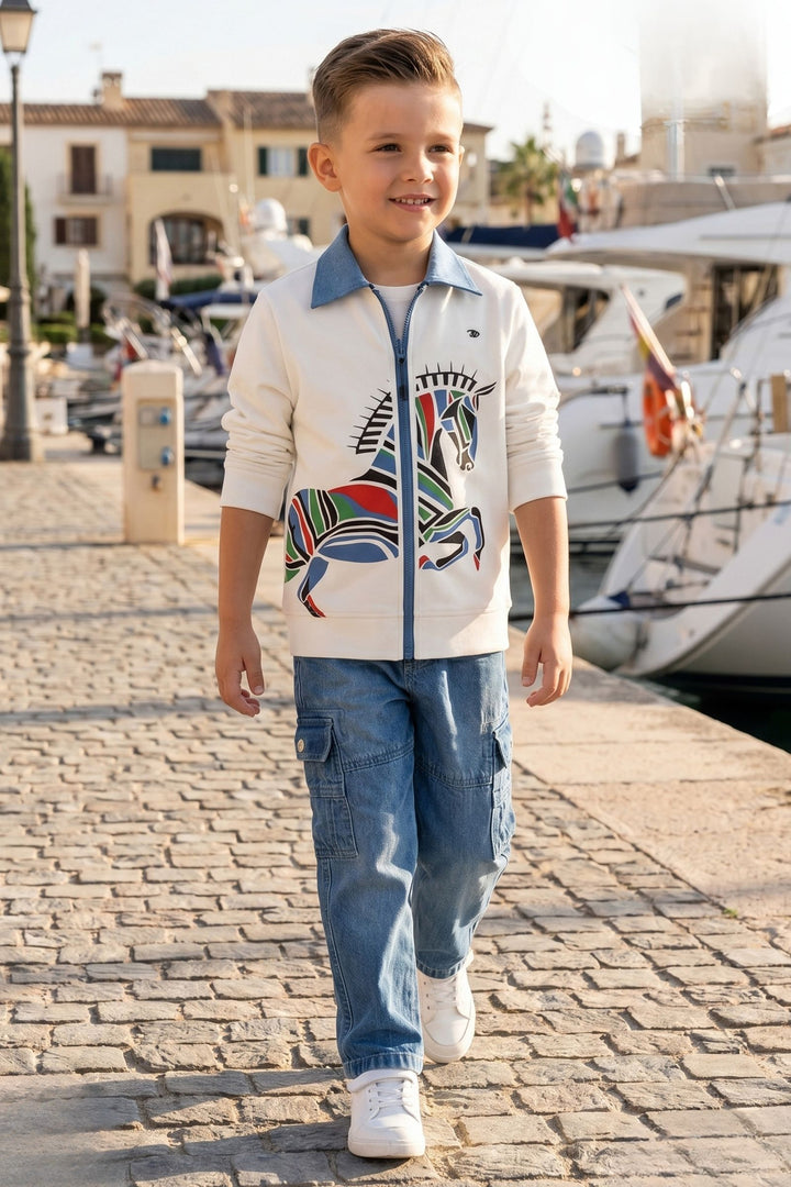 White Blazer, Printed T-Shirt and Blue Pant Set for Boys