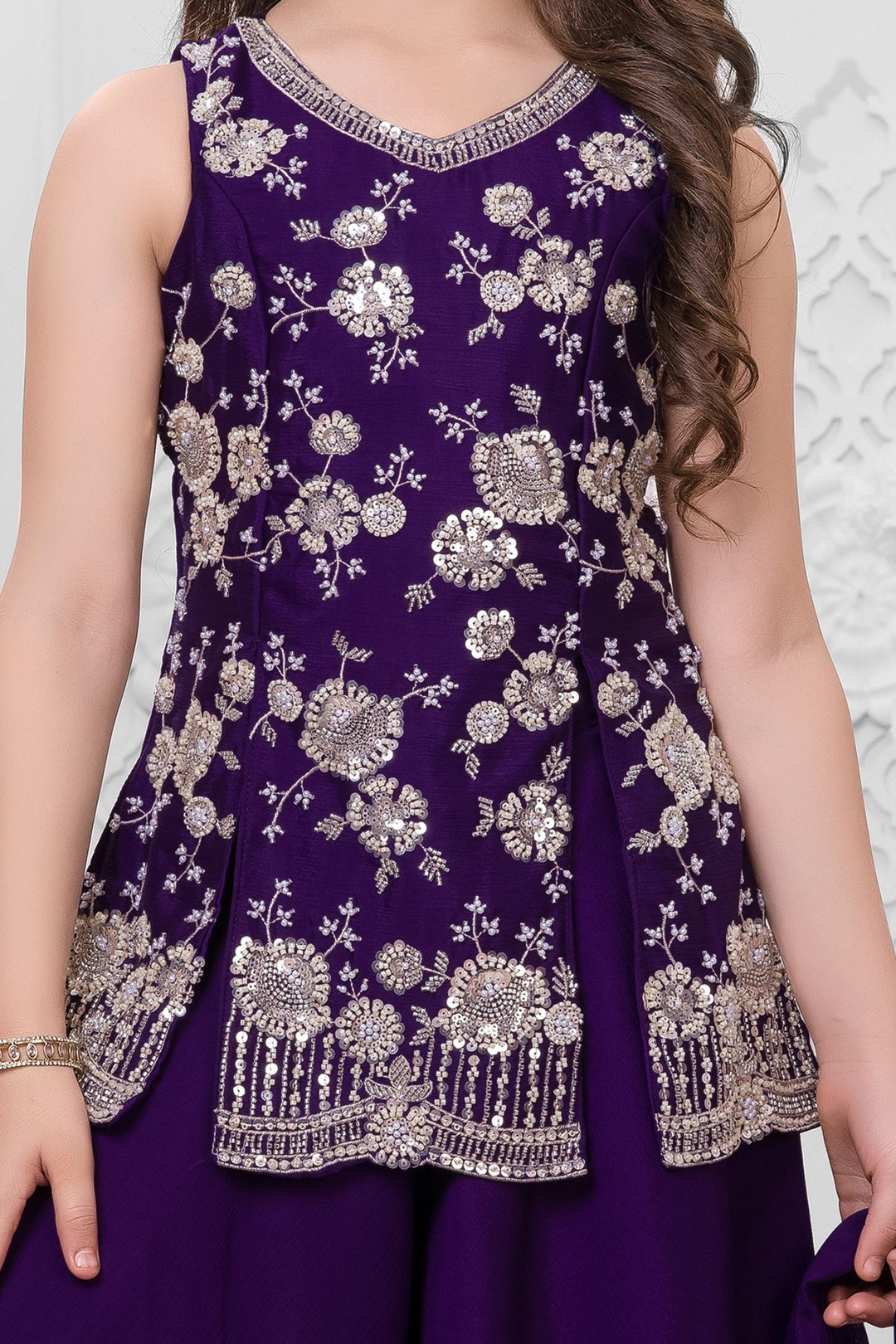 Dark Purple Sequins, Beads and Thread work Palazzo Suit Set for Girls