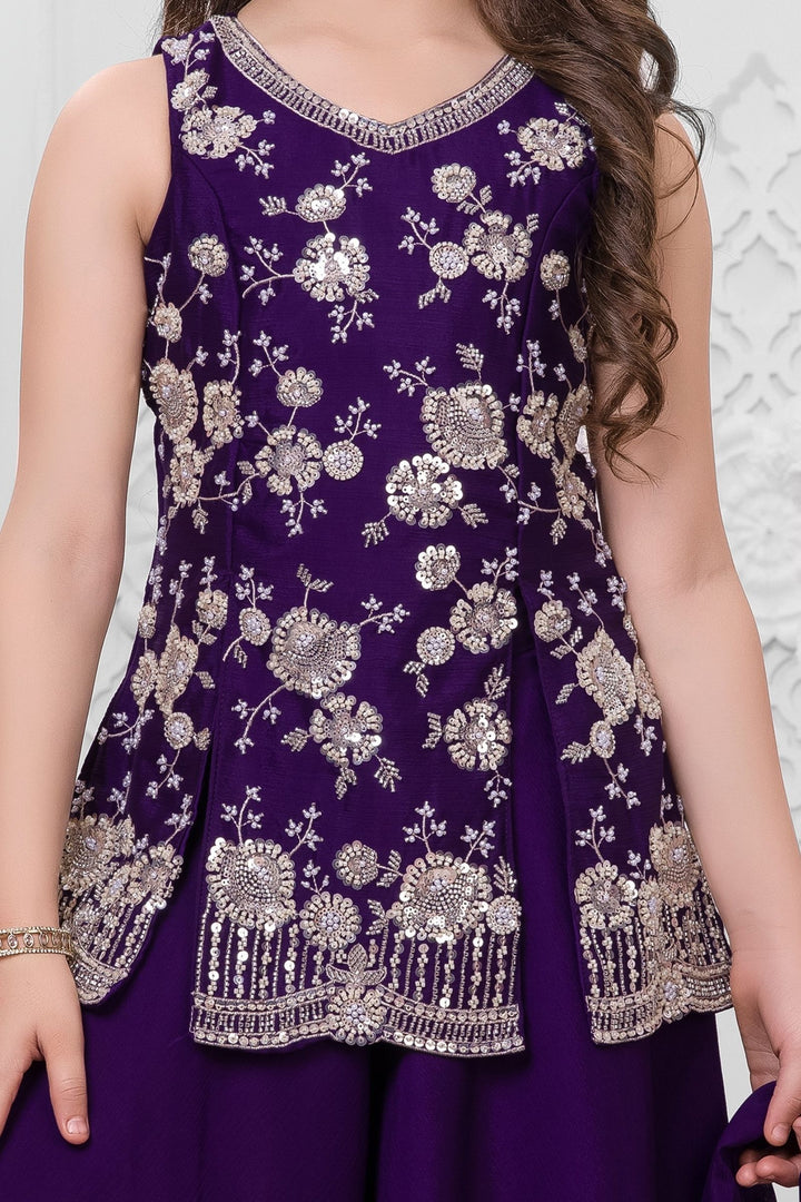 Dark Purple Sequins, Beads and Thread work Palazzo Suit Set for Girls
