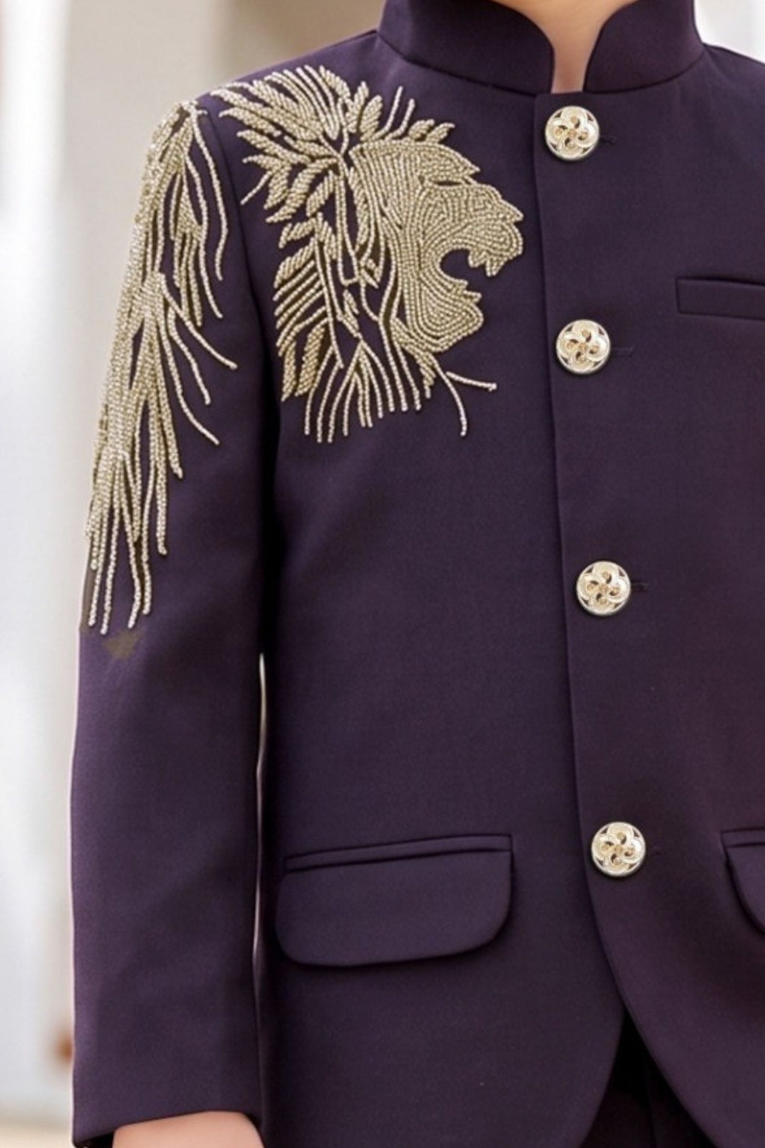 Wine Lion Beads Embroidered Shoulder Detail Jodhpuri Suit for Boys