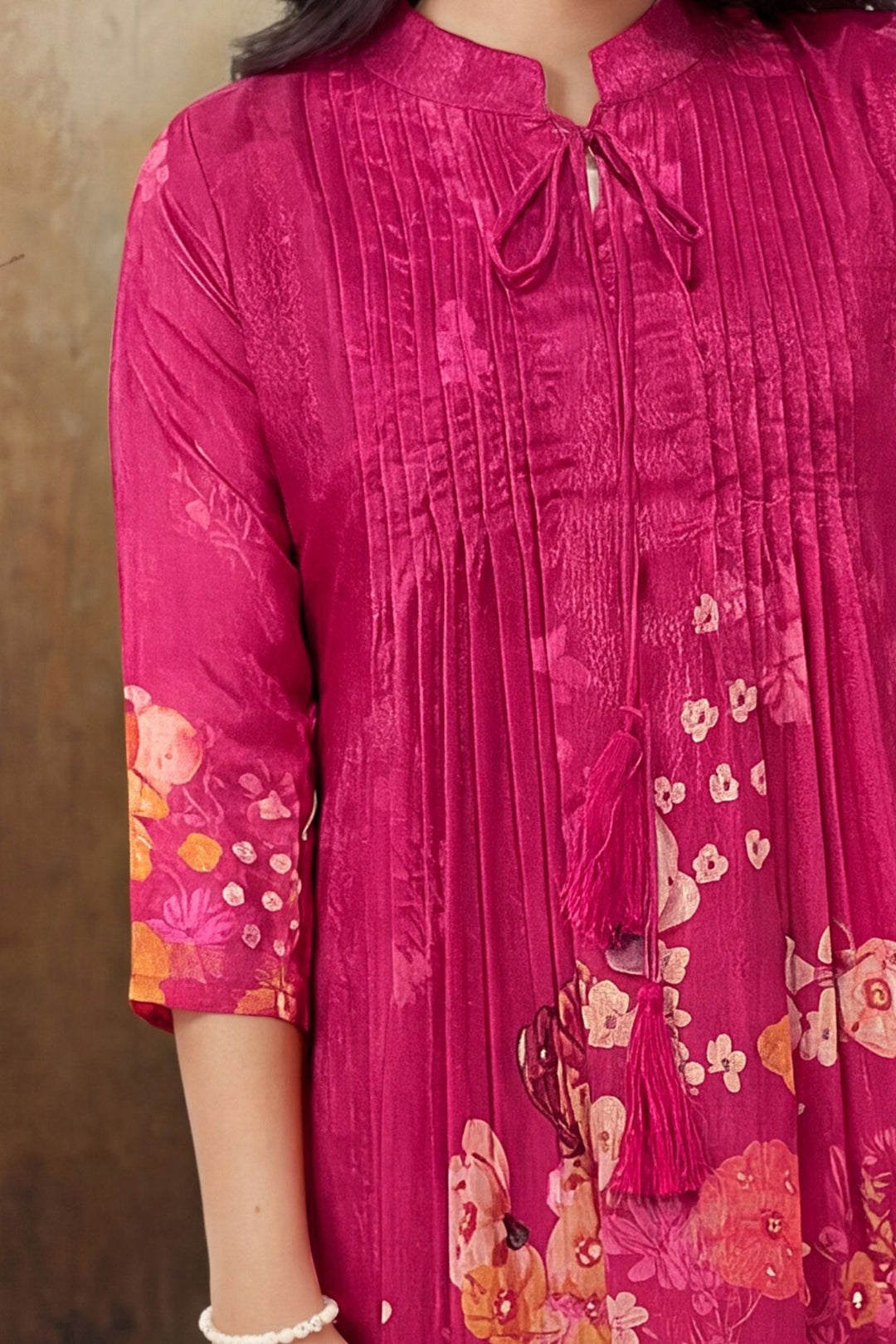 Rani Pink Floral Print Casual Kurti for Girls