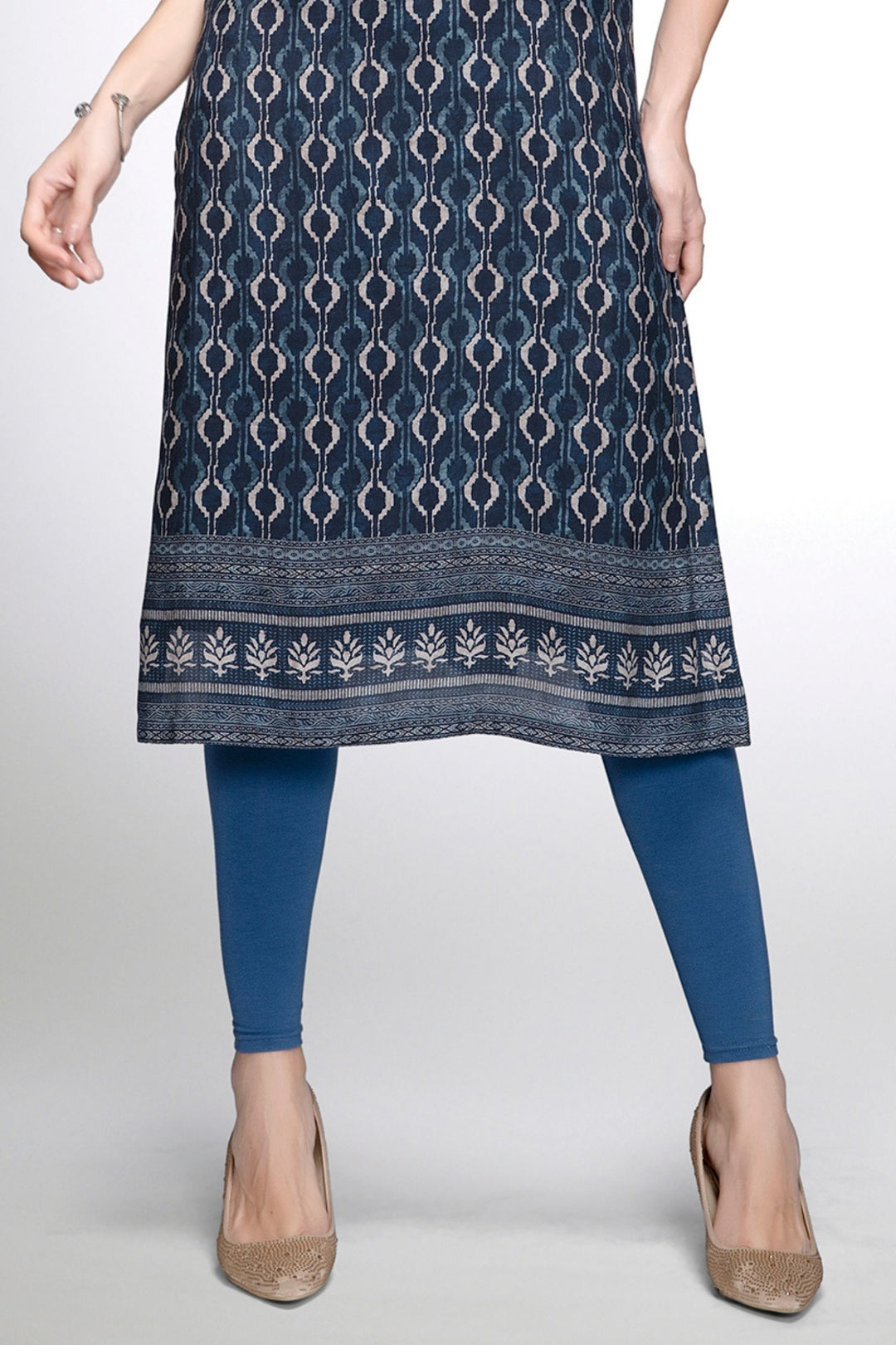 Navy Blue Mirror, Zari and Thread work with Digital Print Calf Length Kurti