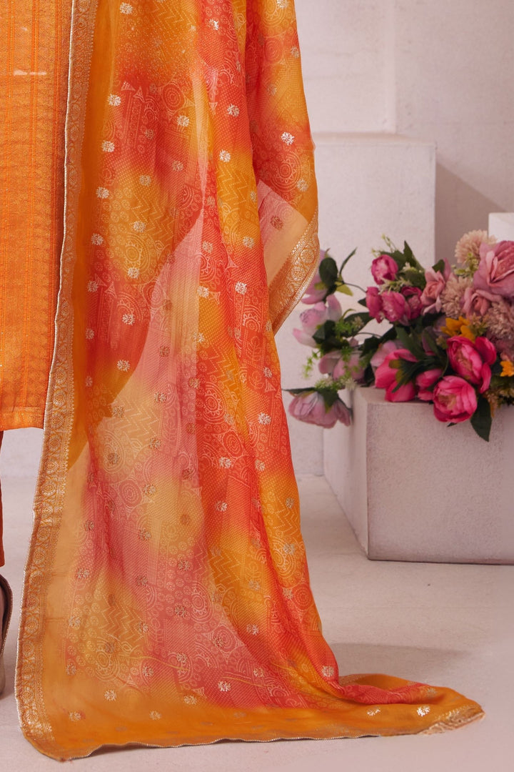 Orange Zardozi, Beads, Zari, Stone, Mirror and Thread work Straight Cut Salwar Suit