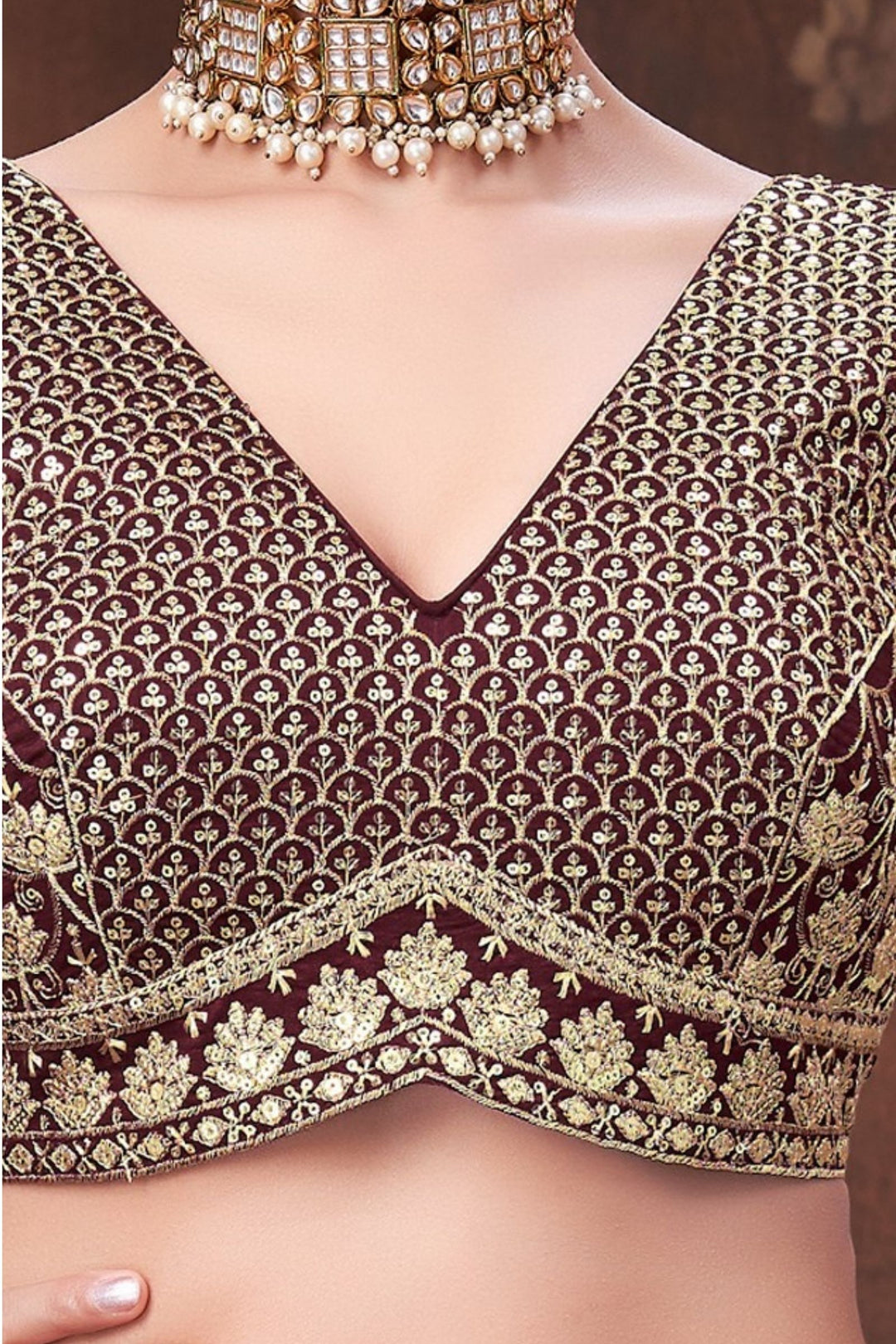 Wine Sequins and Zari work Crop Top Lehenga