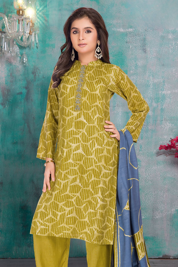 Green Mirror and Beads work with Printed Straight Cut Salwar Suit for Girls