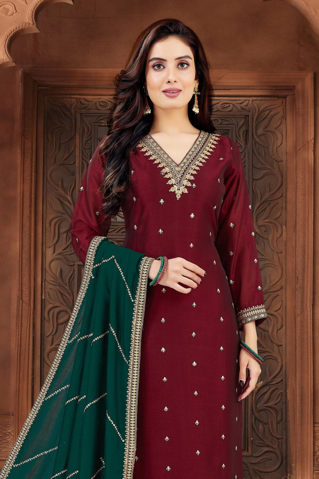 Maroon Sequins, Zari, Beads and Thread work Straight Cut Salwar Suit