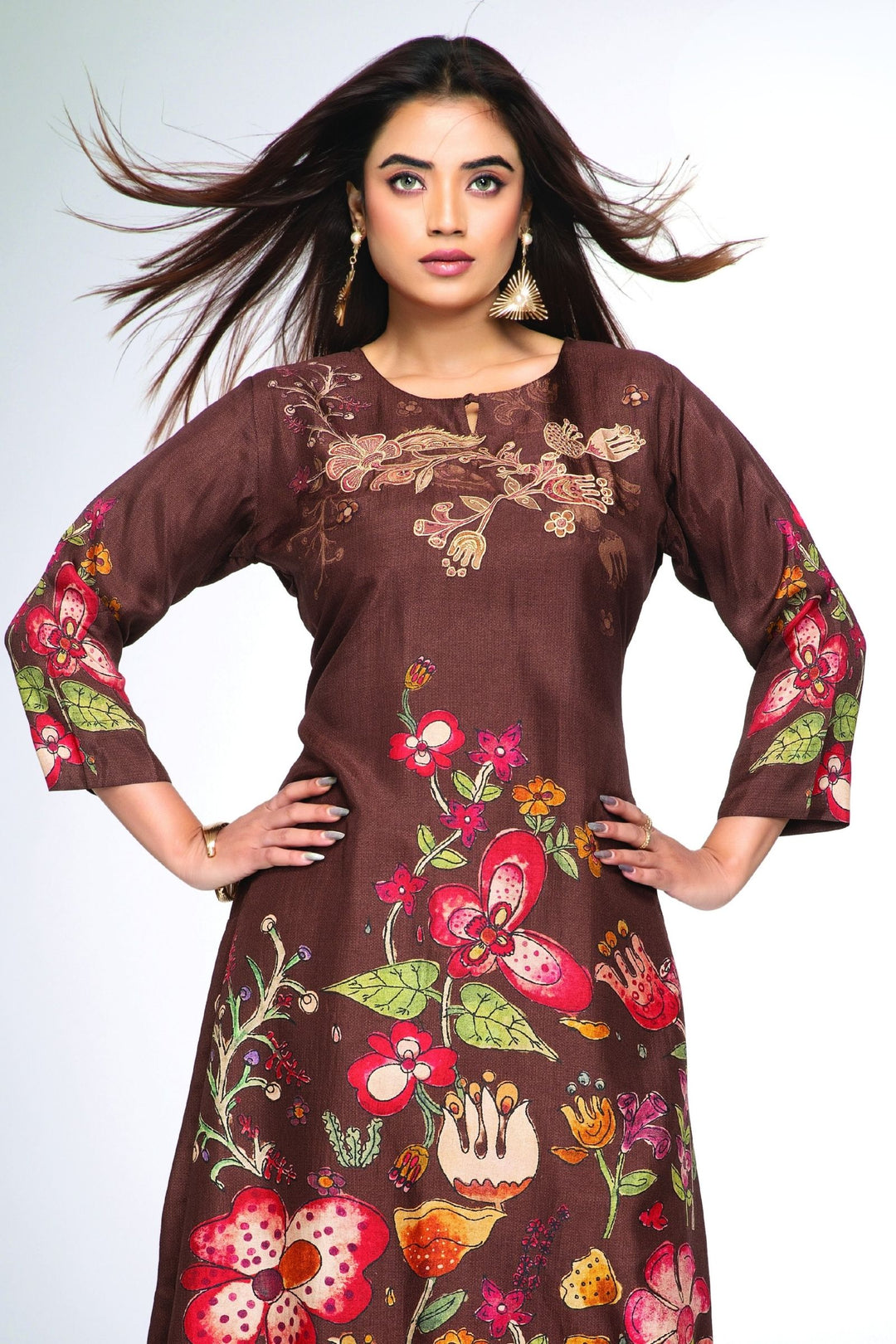 Coffee Brown Floral Print Straight Kurta Set