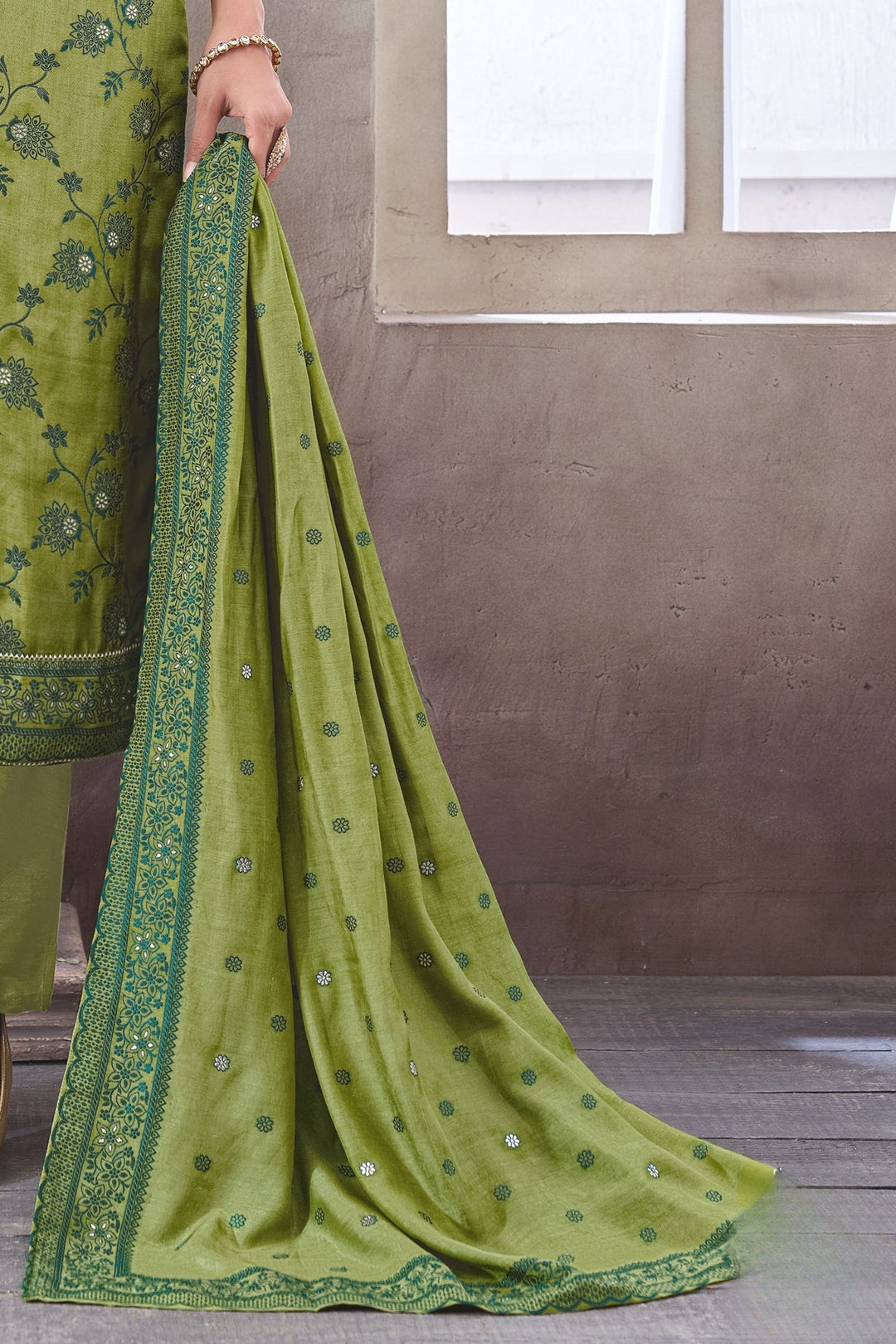Green Beads, Sequins and Jacquard work Straight Cut Salwar Suit