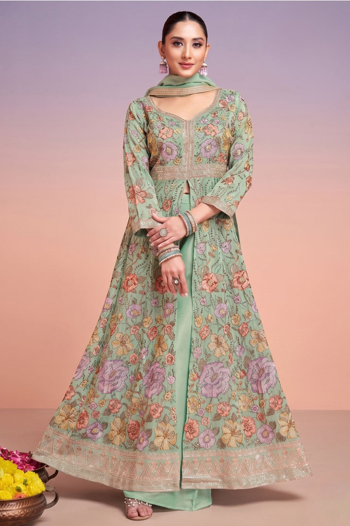 Sea Blue Floral Embroidery, Sequins and Zari work Mastani Styled Palazzo Suit