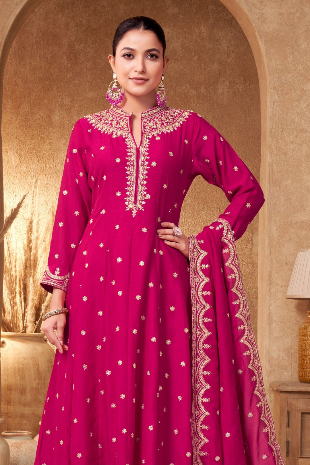 Rani Pink Zari, Zardozi, Sequins and Stone work A-line Cut Salwar Suit