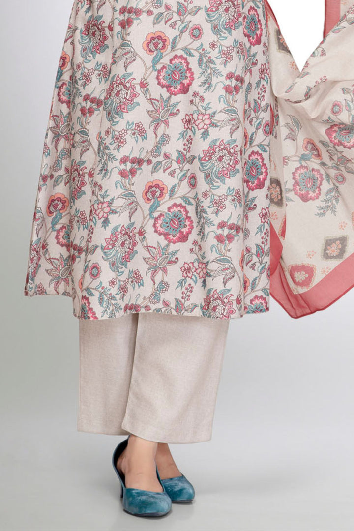Grey Cotton Kurta Set with Delicate Floral Print and Dupatta