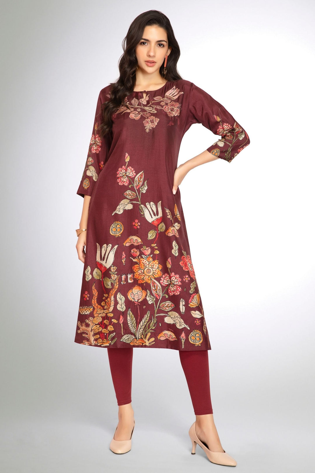 Maroon Floral Print Calf Length Kurti